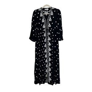 Vivien Tsao By Korea Black Floral Embroidered Midi Dress V-Neck Tie Waist Size L